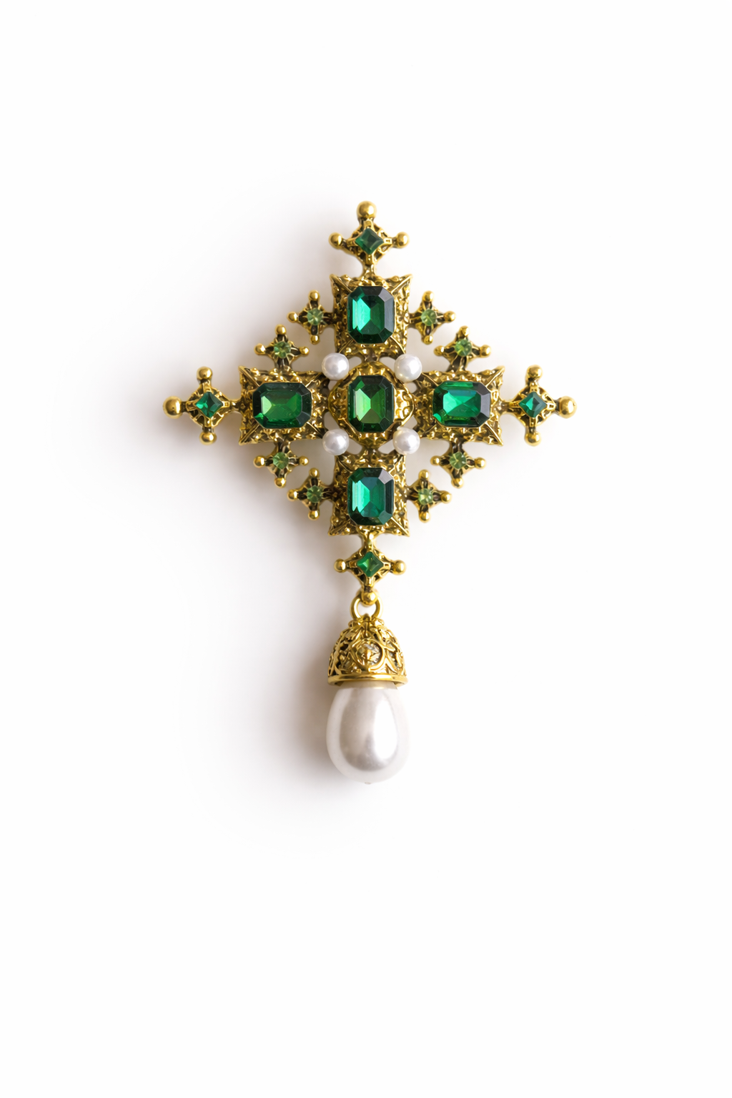 Gold-Tone Cross Brooch with Green Crystals and Pearl Drop
