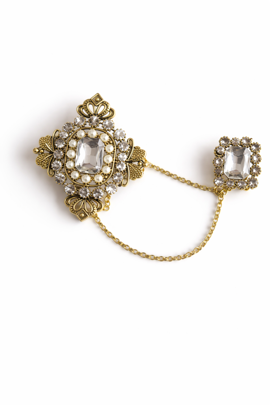 Gold-Tone Vintage Brooch with Crystal and Pearl Details