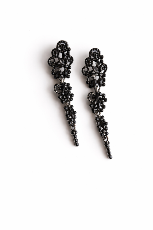 Black Crystal Drop Earrings with Filigree Design