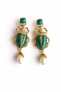 Gold-Tone Scarab Earrings with Green Stone and Pearl Drop
