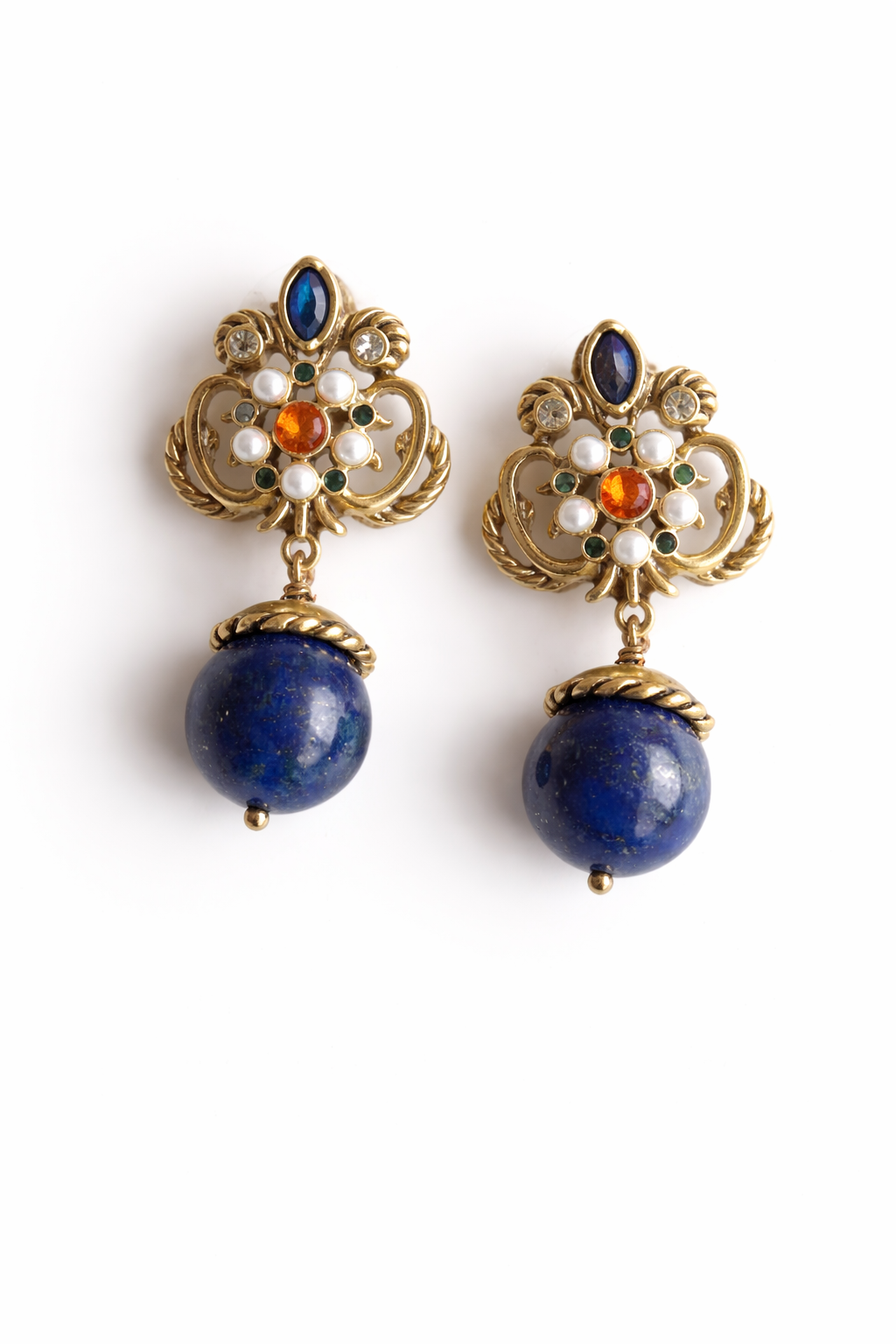 Gold-Tone Drop Earrings with Lapis Stone and Multicolor Accents