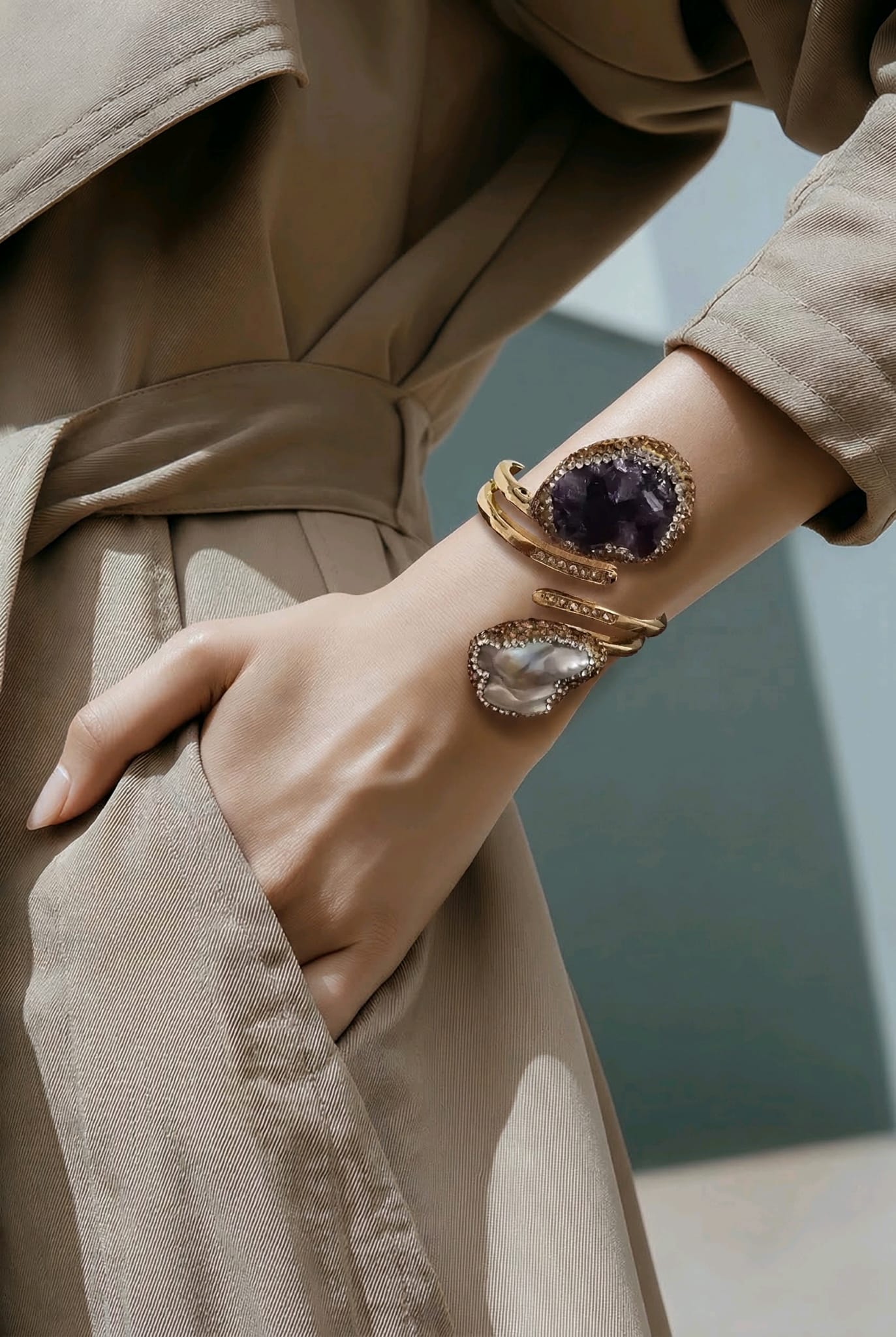 Luxury Gold Cuff Bracelet with Dual Gemstone Design