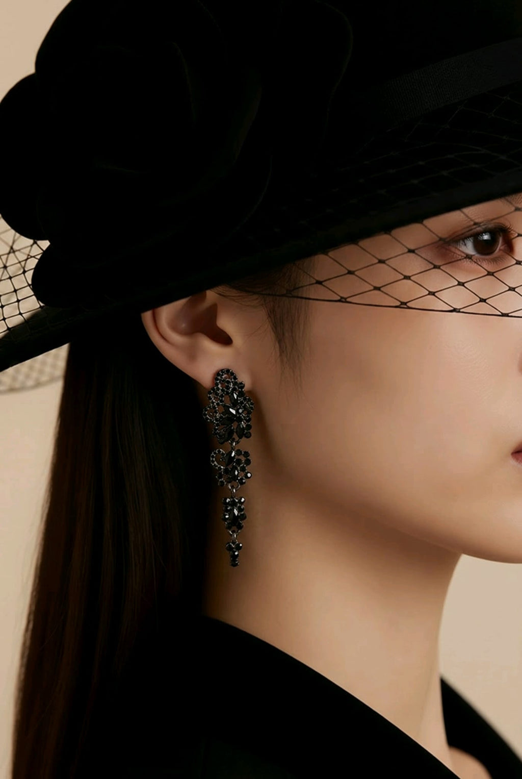 Black Crystal Drop Earrings with Filigree Design