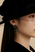 Black Crystal Drop Earrings with Filigree Design