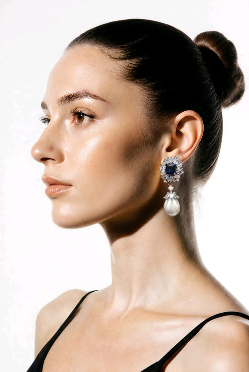 Elegant Sapphire &amp; Pearl Drop Earrings