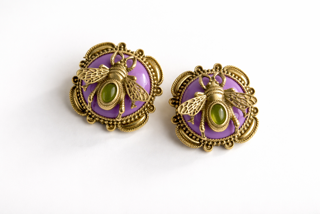 Vintage Bee Statement Earrings with Purple Enamel &amp; Green Stone