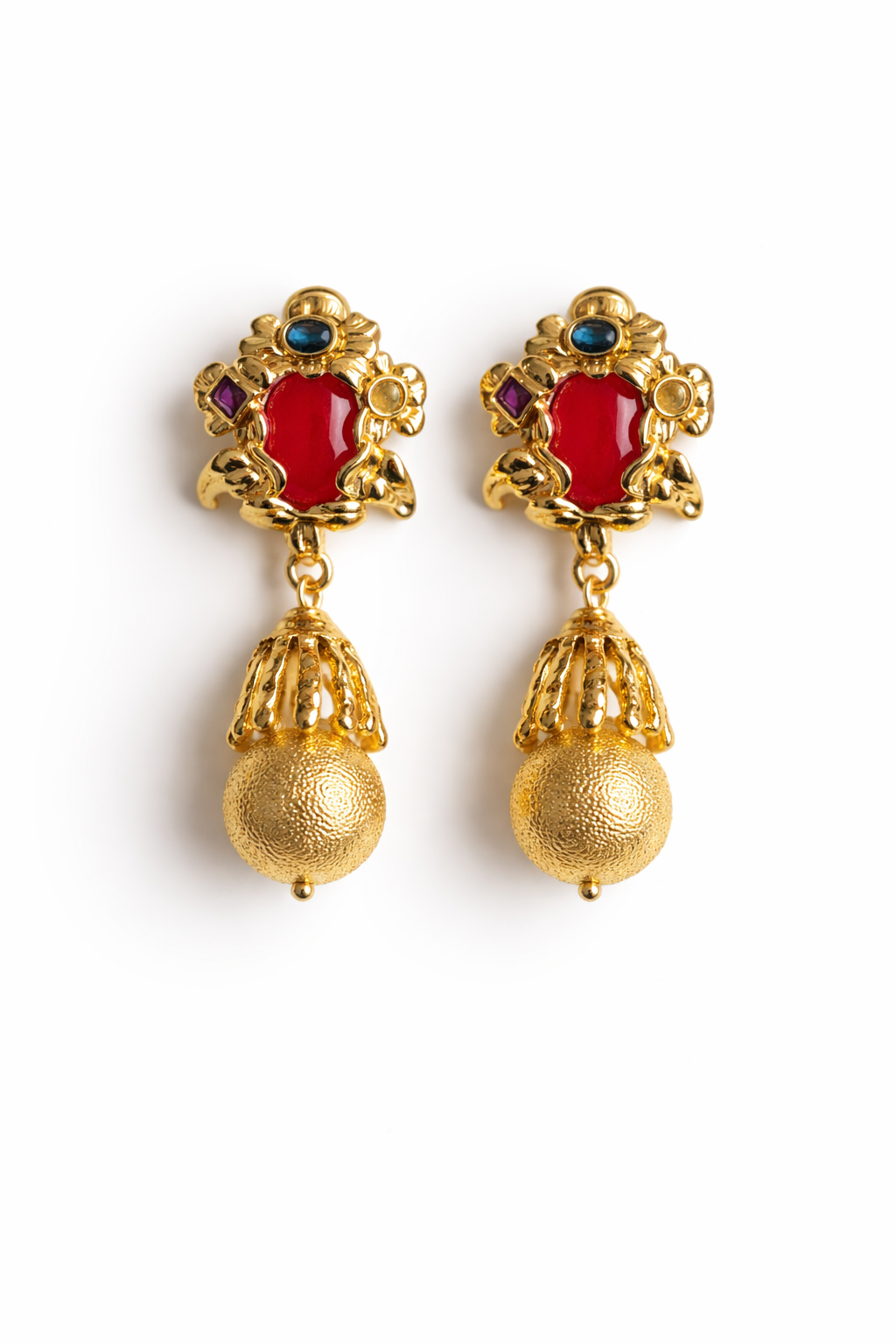 Gold-Tone Statement Earrings with Red Stone and Textured Drop