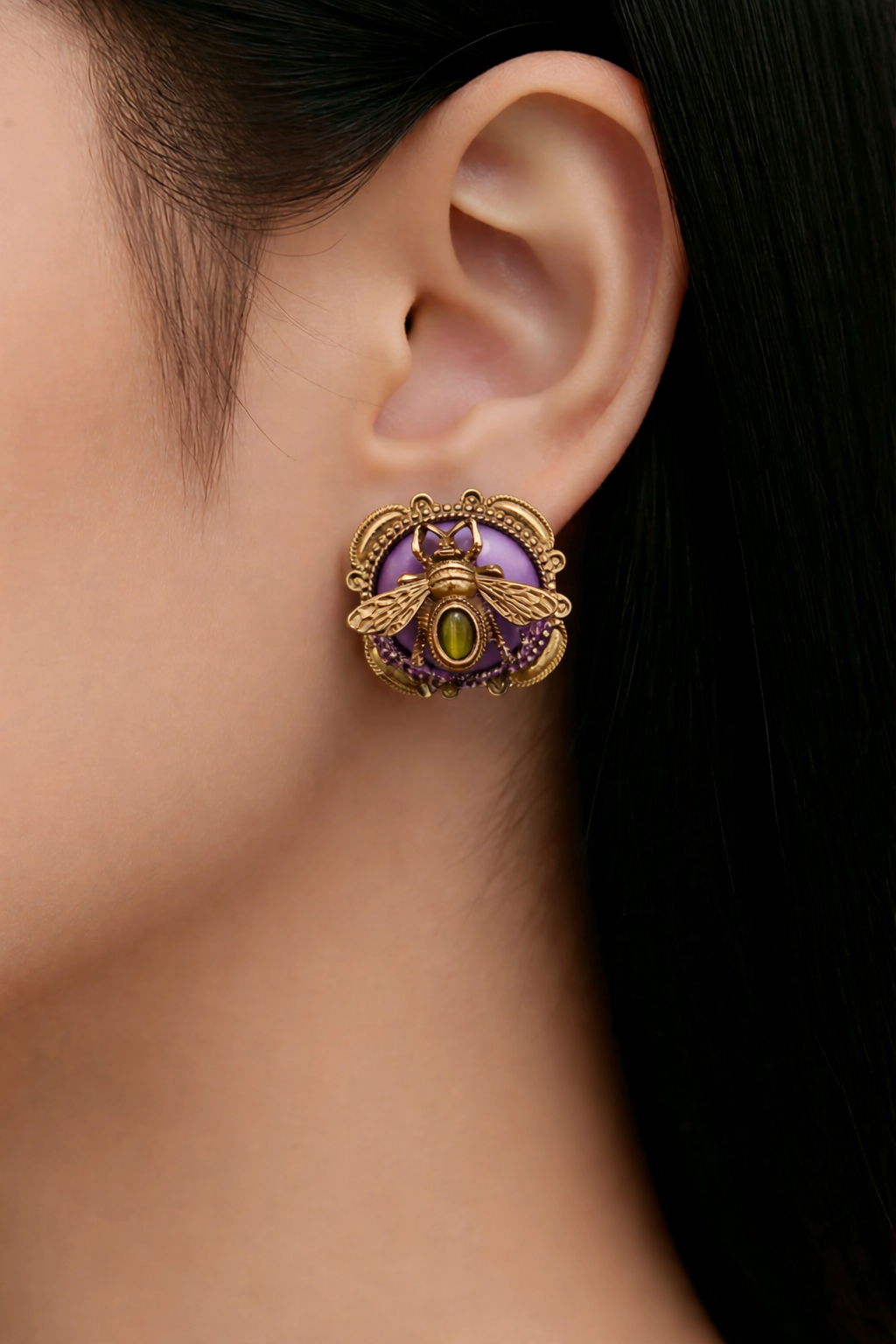 Vintage Bee Statement Earrings with Purple Enamel &amp; Green Stone