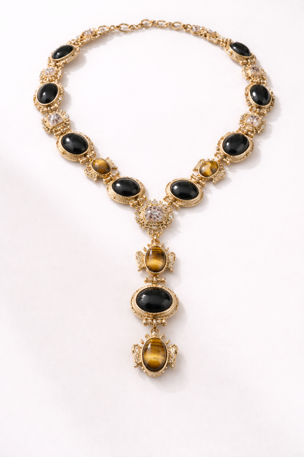 Opulent Gold Statement Necklace with Onyx &amp; Tiger’s Eye Accents